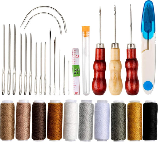 32 Leder-Nähwerkzeuge, DIY-Tool, gewachster Faden, Werkzeugset zum Nähen von Leder, Polstern, Teppichen